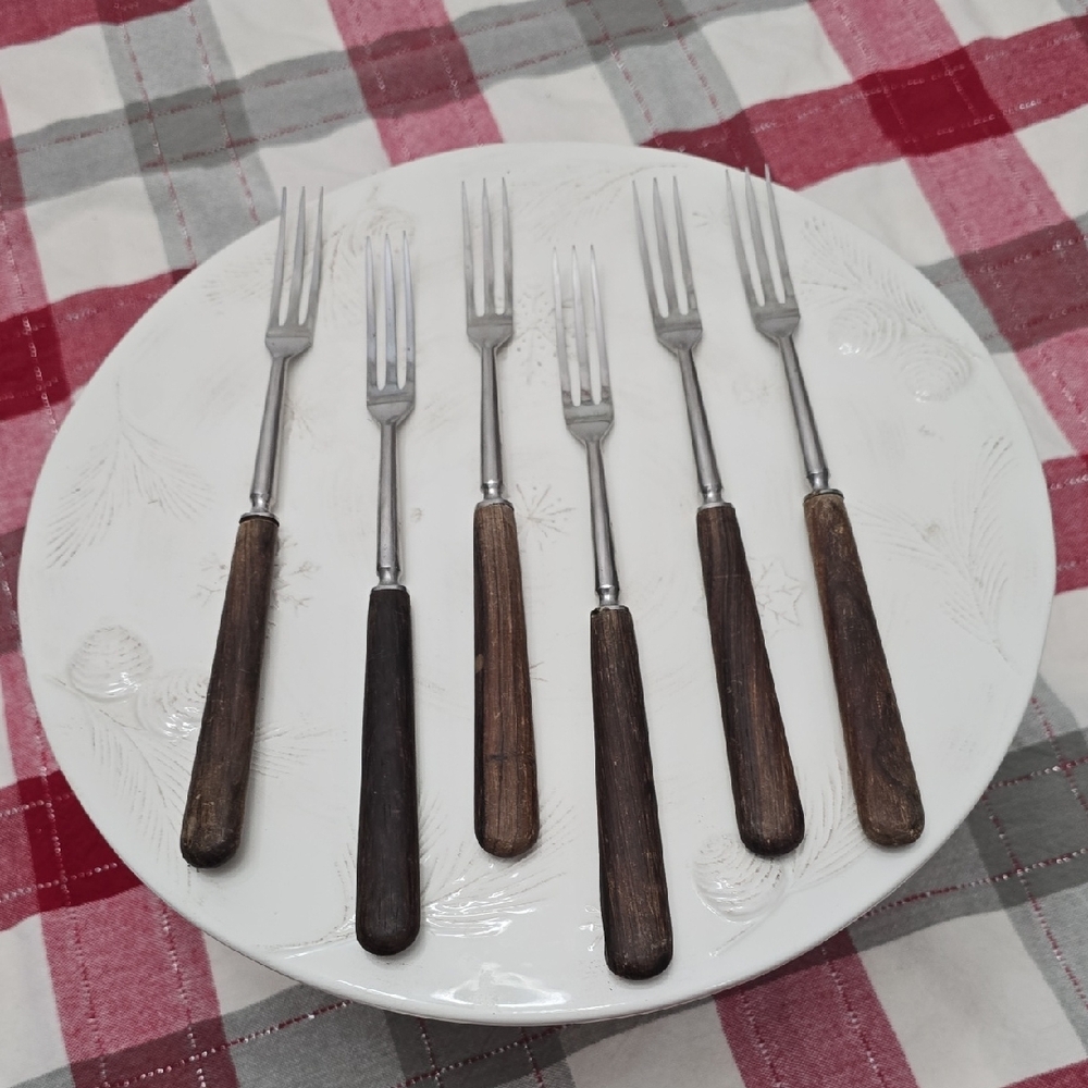 Vintage Set Of 6 INOX France 3 Prong  Fondue Appetizer  Forks Wood Handle